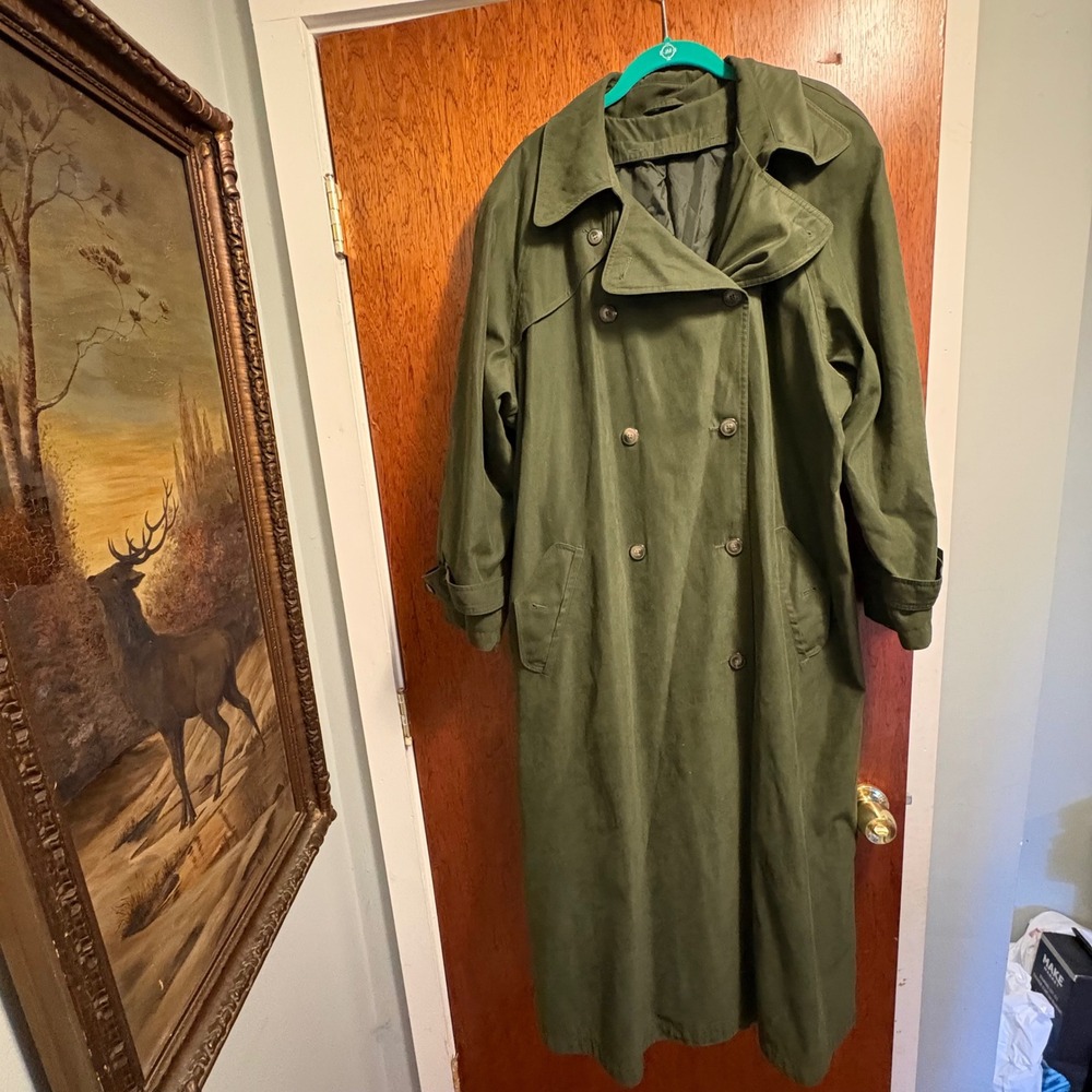 Vintage Olive Green Double Breasted Longline Trenchโ Coat Size 14
